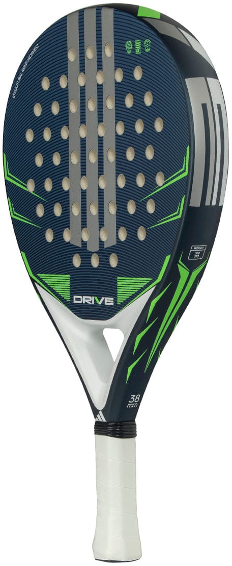 The adidas Drive Blue 2026 Padel Racket features a blue face with green and white accents, circular holes, a white grip, and "DRIVE" at the center—ideal for beginners and crafted from durable fiberglass.