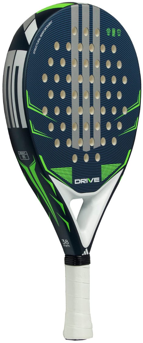 The adidas Drive Blue 2026 Padel Racket features a black and green design, white grip, round head with multiple holes, and "DRIVE" by the handle—ideal as a beginner-friendly fibreglass padel racket.