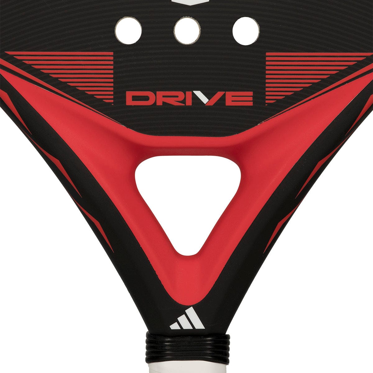 Close-up of the adidas Drive Black 2026 Padel Racket, a beginner racket in black and red with bold "DRIVE" lettering, a triangular opening above the handle, and striking geometric patterns.