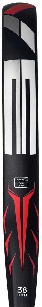 A black padel racket with bold white and red geometric designs, featuring white "WEIGHT 2.8" and "38 mm" text near the bottom—ideal for players seeking adidas style with the ADIDAS Drive Black 2026 Padel Racket.