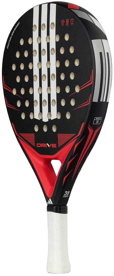 The adidas Drive Black 2026 Padel Racket is a fibreglass racket for beginners, featuring bold black, red, and white geometric designs, circular holes, a white grip handle, and "DRIVE" printed on the face near the adidas logo.