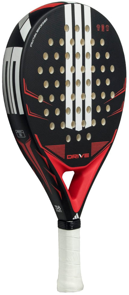 The adidas Drive Black 2026 Padel Racket features a black and red design with white accents, round holes on the paddle, a white grip tape, and “DRIVE” in red—perfect for beginners.