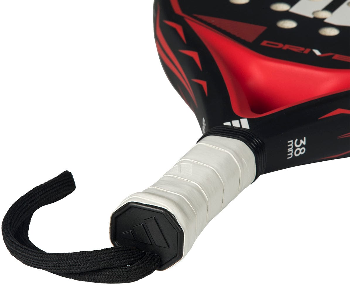 A close-up of the adidas Drive Black 2026 Padel Racket, highlighting its sleek beginner-friendly design.