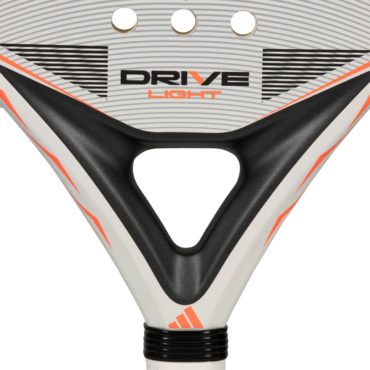 Close-up of the adidas ADIDAS Drive Light 2026 Padel Racket, highlighting its lightweight design, white and black colors with orange accents, and three round holes near the top edge.