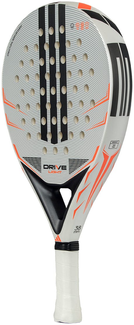 The adidas Drive Light 2026 Padel Racket is a lightweight, modern racket in white, grey, and black with orange accents, a perforated face, and a white-wrapped handle. The model name "DRIVE" appears near the throat.