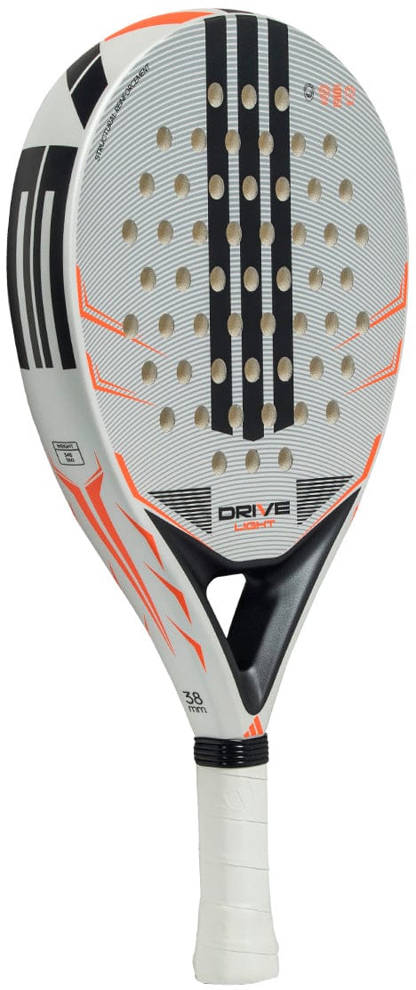 The adidas Drive Light 2026 Padel Racket is a lightweight white and black racket with orange accents, a textured surface, multiple central holes, and a comfortable white grip handle.