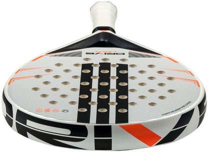 A close-up of the adidas Drive Light 2026 Padel Racket, a lightweight model featuring black and orange accents, circular perforations, and "DRIVE" on the face, seen from the handle end.