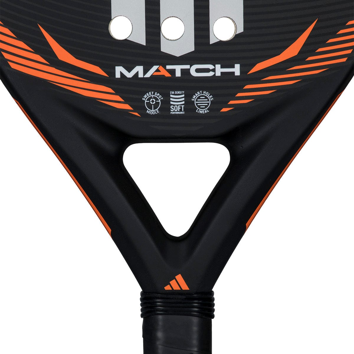 Close-up of the adidas ADIDAS Match Black 2026 Padel Racket featuring black and orange accents, "MATCH" in white, a triangular cutout above the handle, and white design elements—an ideal beginner padel racket.