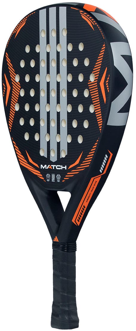 The ADIDAS Match Black 2026 Padel Racket by adidas, featuring a black and orange perforated teardrop face with silver stripes and a textured grip handle, is displayed against a white background.