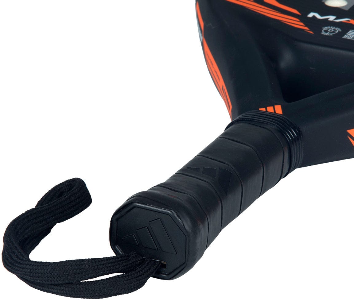 Close-up of the handle on the adidas ADIDAS Match Black 2026 Padel Racket, wrapped in black grip tape with a wrist strap attached.