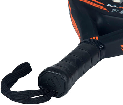 Close-up of the handle on the adidas ADIDAS Match Black 2026 Padel Racket, wrapped in black grip tape with a wrist strap attached.