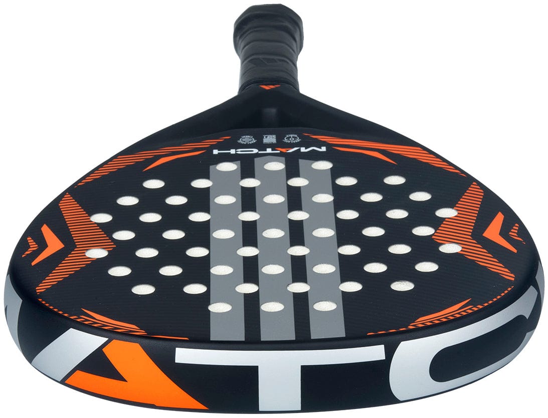 Close-up of the ADIDAS Match Black 2026 Padel Racket by adidas, featuring a black and orange teardrop shape, perforated surface, textured grip handle, and bold graphics—ideal for beginner padel players.
