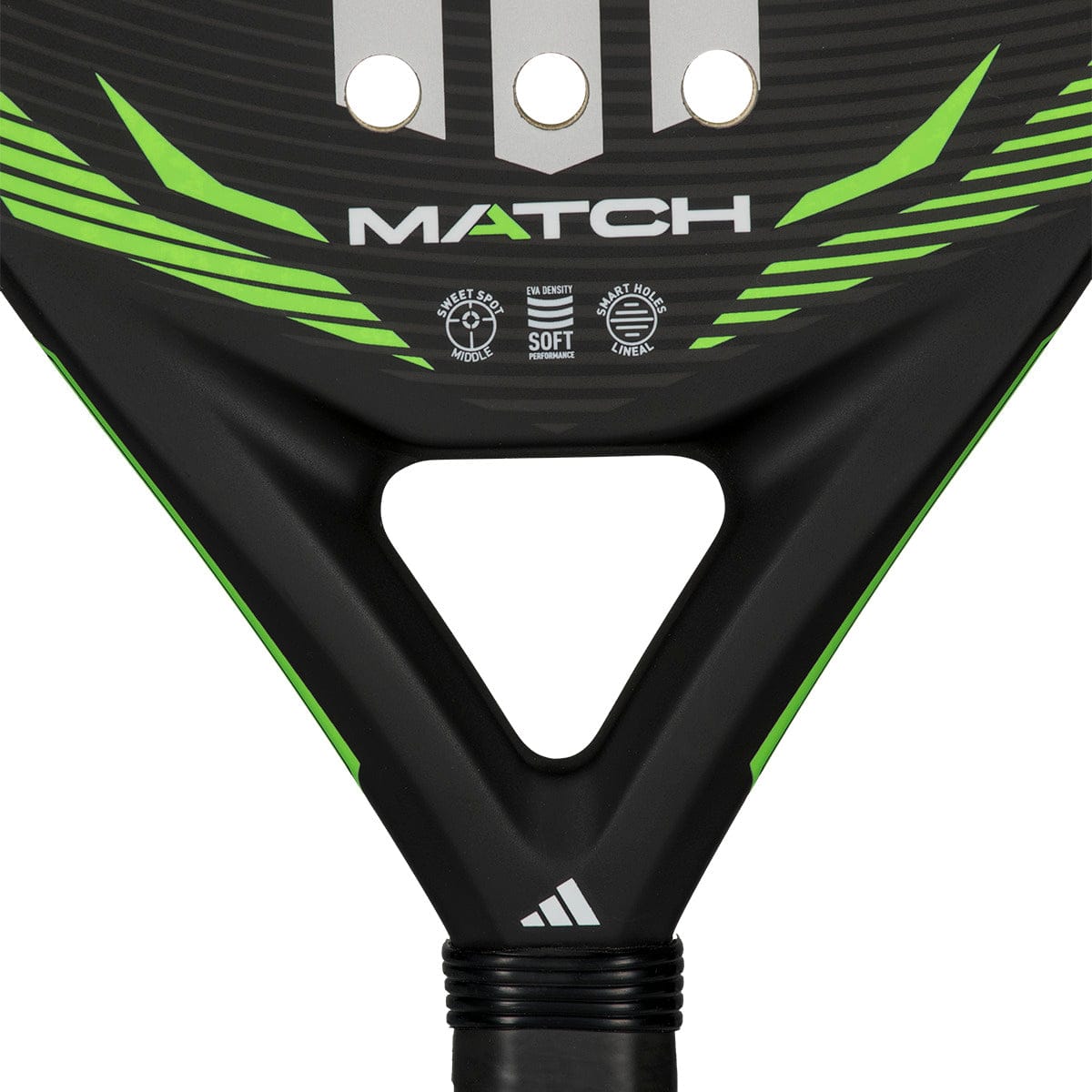 Close-up of the lower part of the adidas Match Lime 2026 Padel Racket, a beginner teardrop-shaped padel racket displaying "MATCH," adidas logos, and a triangular hole above the handle.