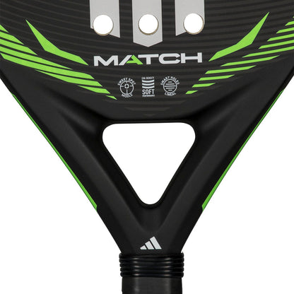 Close-up of the lower part of the adidas Match Lime 2026 Padel Racket, a beginner teardrop-shaped padel racket displaying "MATCH," adidas logos, and a triangular hole above the handle.