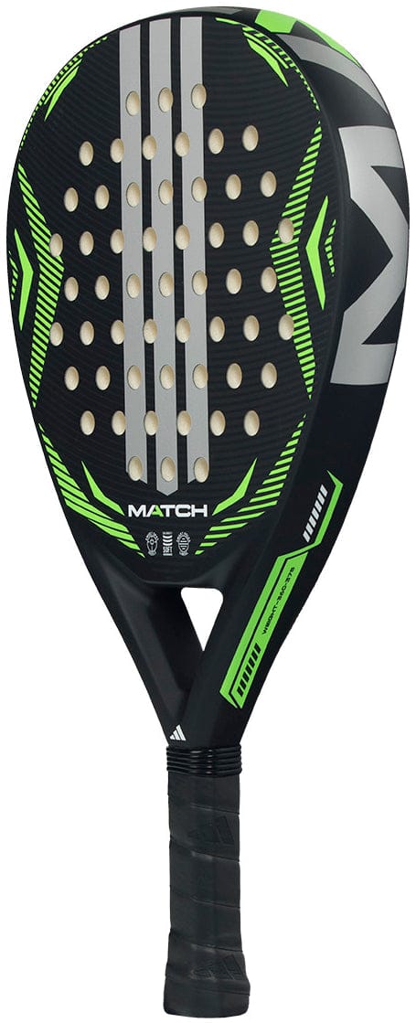 Two black and green adidas Match Lime 2026 padel rackets with teardrop shapes and perforated surfaces, featuring “MATCH” on the front, stand upright overlapped—showcasing the latest adidas beginner padel racket.
