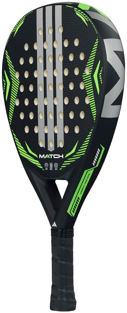 Two black and green adidas Match Lime 2026 padel rackets with teardrop shapes and perforated surfaces, featuring “MATCH” on the front, stand upright overlapped—showcasing the latest adidas beginner padel racket.