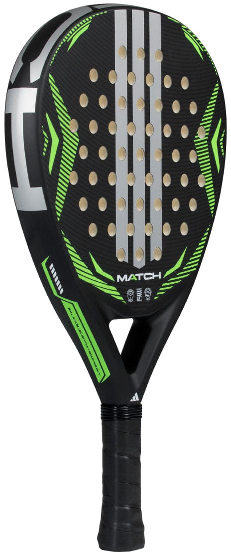 The adidas Match Lime 2026 Padel Racket features a black teardrop design with green accents, textured face, multiple holes, and black grip. “MATCH” and symbols are near the handle—ideal for beginners seeking control and style.
