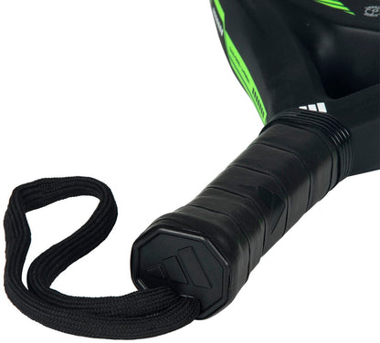 Close-up of the adidas Match Lime 2026 Padel Racket handle with black grip tape and wrist strap, green accents, and partial branding. This teardrop-shaped racket is ideal for beginners.