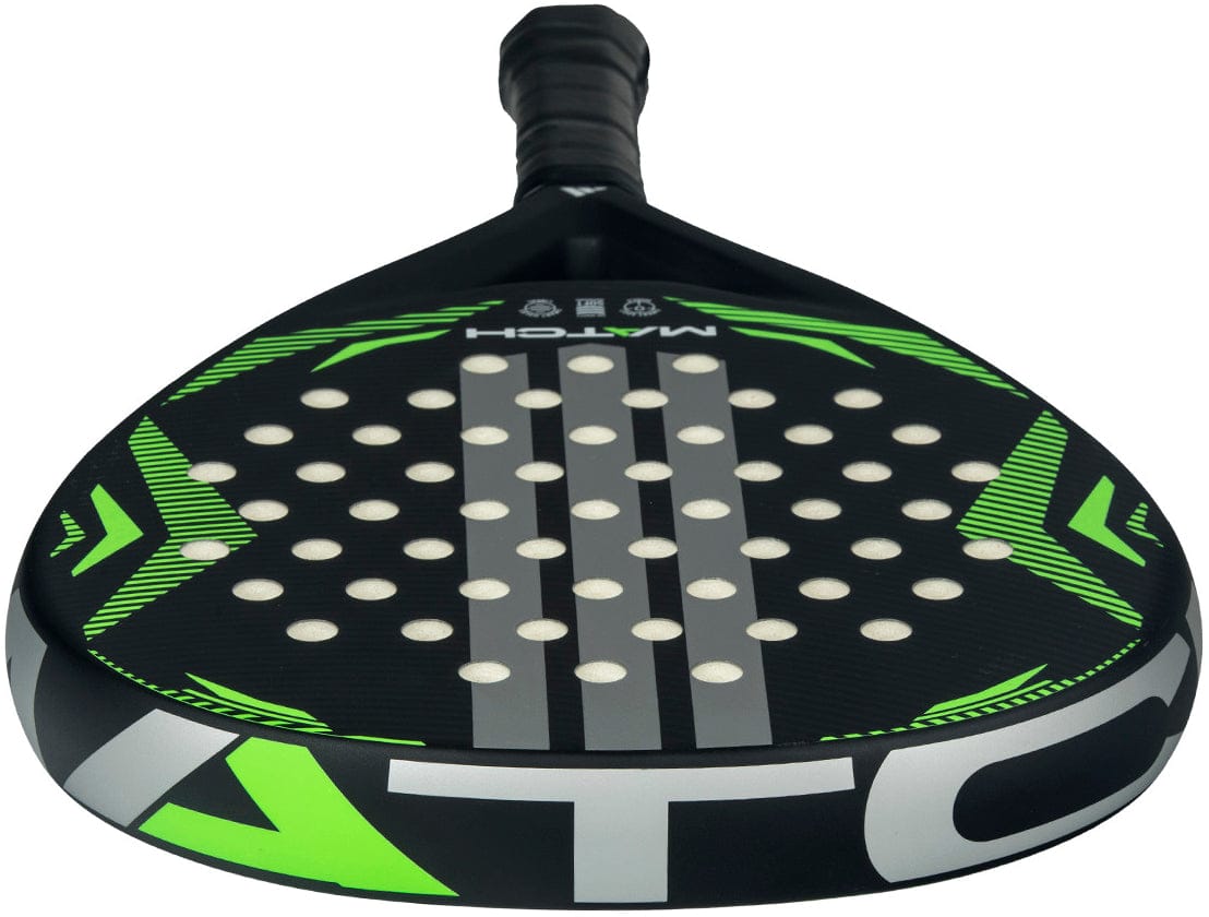 A close-up of the adidas Match Lime 2026 Padel Racket, showcasing its teardrop shape, perforated face, and bold patterned surface—ideal for beginners.