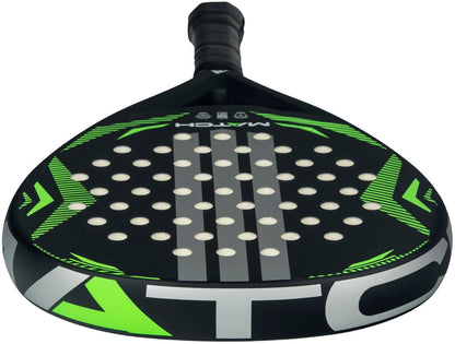 A close-up of the adidas Match Lime 2026 Padel Racket, showcasing its teardrop shape, perforated face, and bold patterned surface—ideal for beginners.