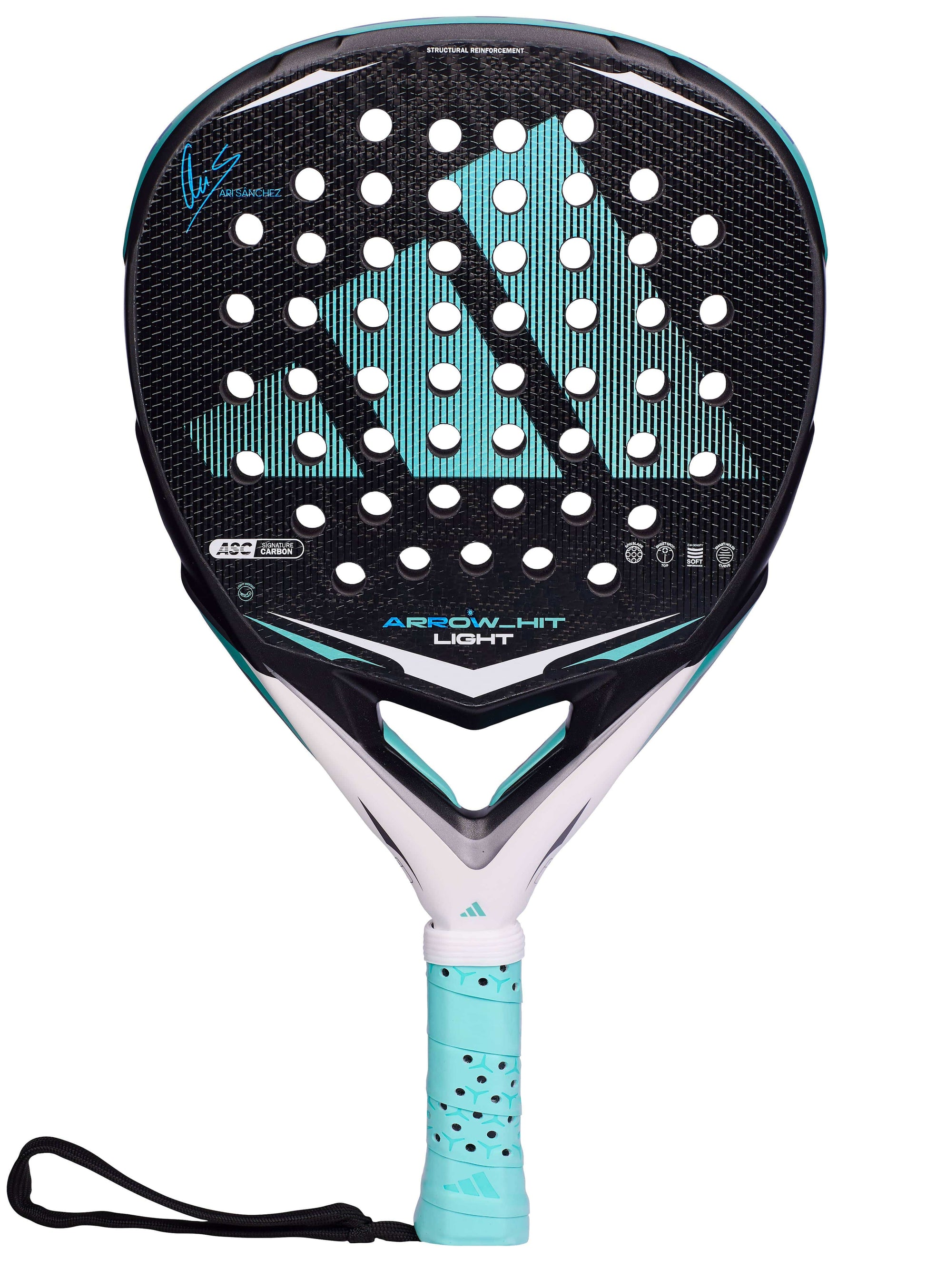 The adidas Arrow Hit Light Ari Sánchez 2026 padel racket features a black and turquoise design with a large light blue triangle, round face holes, white throat, turquoise grip, and black wrist strap.