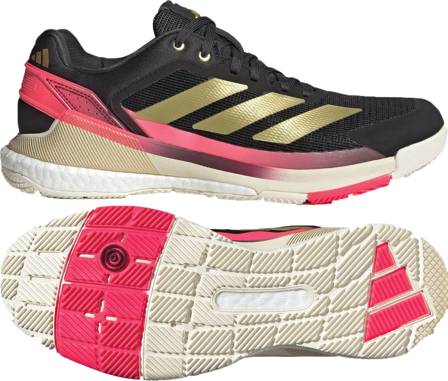 The adidas Crazyquick Boost Men’s Padel Shoes in Core Black/Gold Metallic/Solar Turbo feature black uppers with gold stripes, pink and beige accents, and a beige sole with bright pink sections for grip and energy return, shown side and bottom.