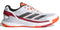 The adidas Crazyquick LS Mens Padel Shoes - White / Orange feature a mesh upper, lace-up design, multi-directional grip, orange sole, and small adidas logo near the heel with black stripes and red/orange accents.