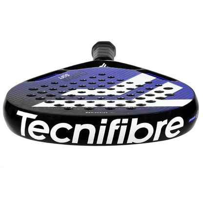 A close-up of the Tecnifibre Curva Soft Padel Racket showcases its black and blue surface with holes and a white Tecnifibre logo—ideal as a versatile padel racket for intermediate players.