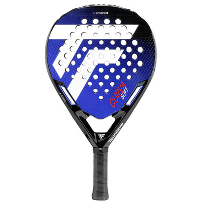 The Tecnifibre Curva Soft Padel Racket, by Tecnifibre, has a black handle, a blue, black, and white geometric face with circular holes, and "CURVA SOFT" in red—ideal for intermediate players wanting versatility.