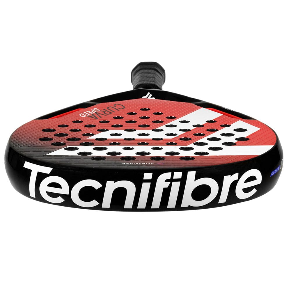 The Tecnifibre Curva Speed Padel Racket by Tecnifibre features a black grip, a red and black face with white stripes, bold "Tecnifibre" branding, 16k carbon construction for power, and multiple small holes for enhanced performance.