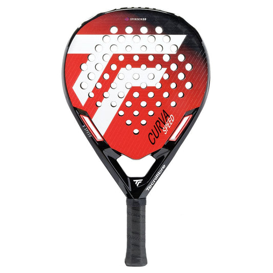 The Tecnifibre Curva Speed Padel Racket features a red, black, and white design with a perforated 16k carbon face, "CURVA SPEED" and "TECNIFIBRE" branding, and a textured grip handle.