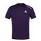 Introducing the Le Coq Sportif Pro Men's Padel T-Shirt in Deep Purple, designed for versatility with its short sleeves and V-neck to ensure breathability and ease of movement. This stylish top features a small rooster logo on the left chest, complemented by subtle black accents on the shoulders and sides.