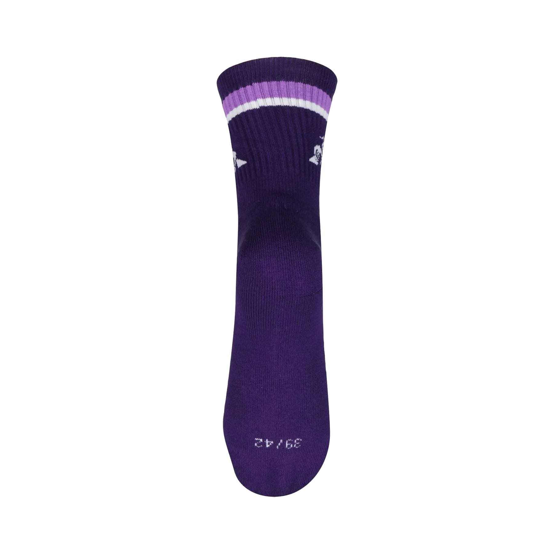 The Le Coq Sportif Sports Socks in Purple Velvet showcase a design with two stripes – one in white and the other in light purple – near the top. They also feature small white numbers "39/42" near the toe, providing both comfort and breathability while indicating the size.