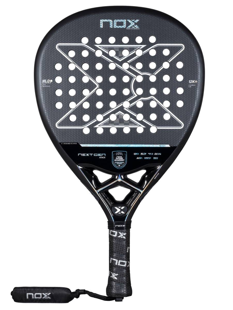 The NOX NextGen Pro Attack 12K NFA 2026 padel racket features a black design with a large "X" in white dots, white branding, and a black handle. Its Diamond Head Shape and 12K Carbon build deliver top power and durability.