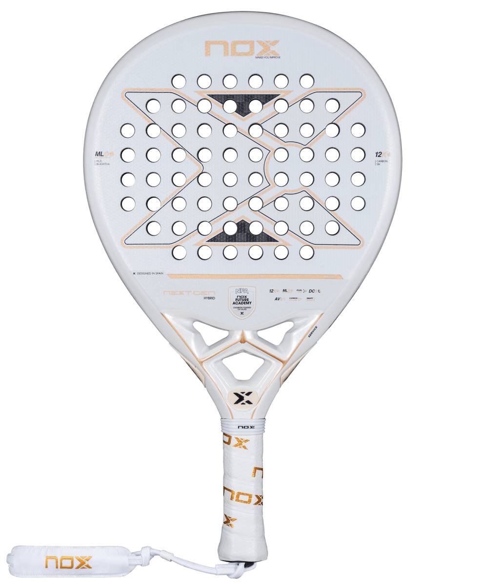 The NOX NextGen Pro Hybrid 12K NFA 2026 padel racket features a white design with gold and black accents, geometric patterns, a perforated surface, “NOX” grip, wrist strap, and hybrid shape crafted with 12K Carbon for top performance.