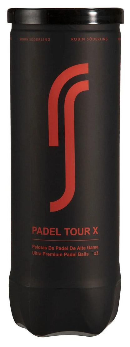 A black cylindrical tube labeled "RS Padel Tour X" with the Robin Soderling logo, containing ultra-premium padel balls used by pros like Simon Vasquez; sold as a 3-ball tube from the Robin Soderling brand.