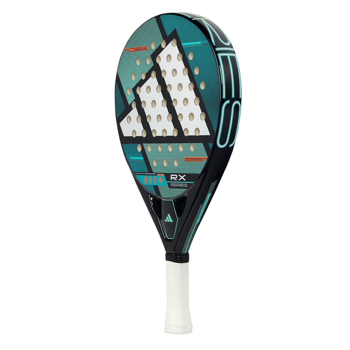 The adidas ADIDAS RX Series 2026 Padel Racket in teal and black features a white grip, circular Smart Holes Lineal holes, and the adidas logo—perfect for intermediate padel players.
