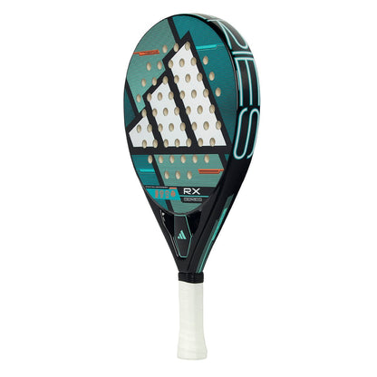 The adidas ADIDAS RX Series 2026 Padel Racket in teal and black features a white grip, circular Smart Holes Lineal holes, and the adidas logo—perfect for intermediate padel players.