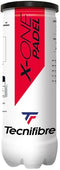 A tube of Tecnifibre X-One Padel Balls (3 balls) features XD-Core technology for top performance, with a white, red, and black design and bold Tecnifibre branding—ideal for competitive padel play.