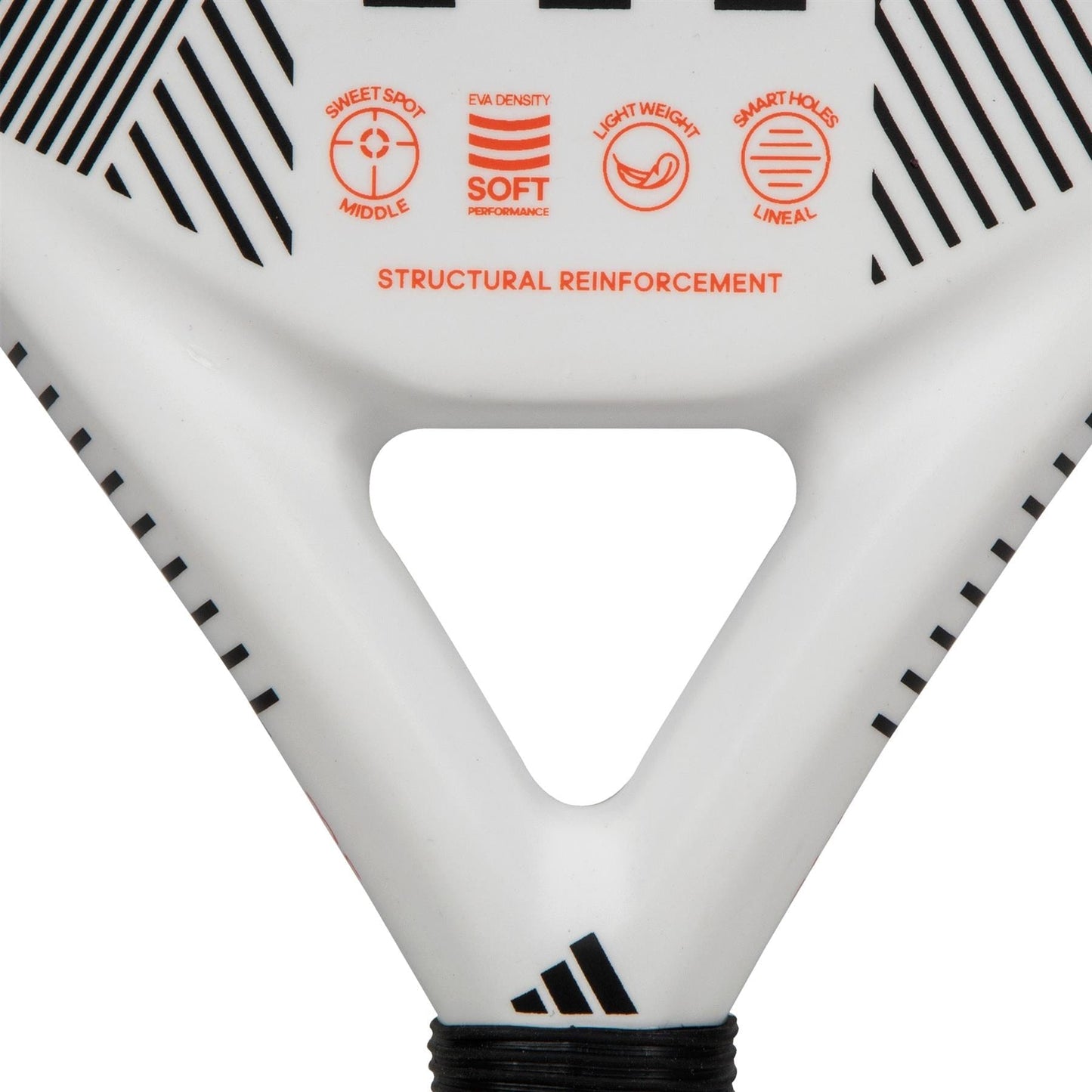 Close-up of the adidas Match Light 3.3 Padel Racket, a lightweight beginner-friendly racket, featuring icons for sweet spot, soft EVA density, light weight, smart holes tech, "structural reinforcement" in red, and a partially visible black grip.