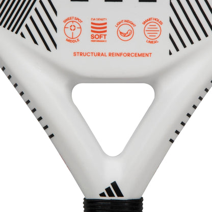 Close-up of the adidas Match Light 3.3 Padel Racket, a lightweight beginner-friendly racket, featuring icons for sweet spot, soft EVA density, light weight, smart holes tech, "structural reinforcement" in red, and a partially visible black grip.