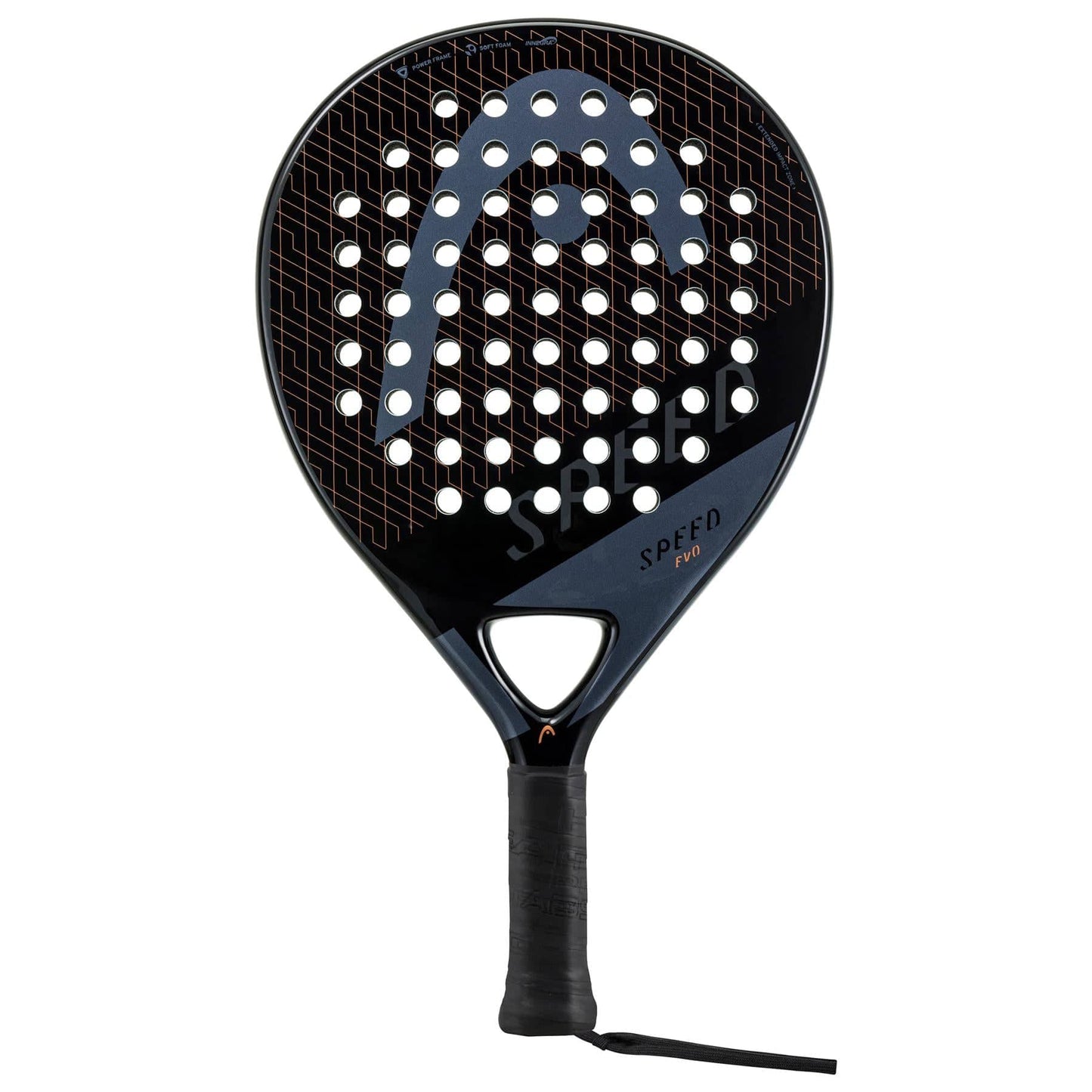The HEAD Evo Speed 2023 Padel Racket by HEAD is a beginner-friendly, modern black racket featuring a patterned face with circular holes, “SPEED” on the front, plus a comfortable black grip tape and wrist strap for support on court.