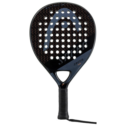The HEAD Evo Speed 2023 Padel Racket by HEAD is a beginner-friendly, modern black racket featuring a patterned face with circular holes, “SPEED” on the front, plus a comfortable black grip tape and wrist strap for support on court.