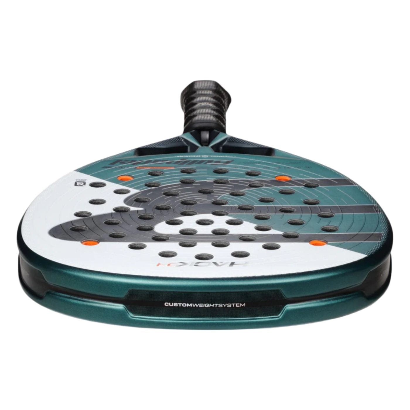 A close-up of the Bullpadel Hack 04 2025 Padel Racket by Bullpadel shows its green, black, and white design, multiple circular holes on the face, and an ergonomic black handle for dynamic power.