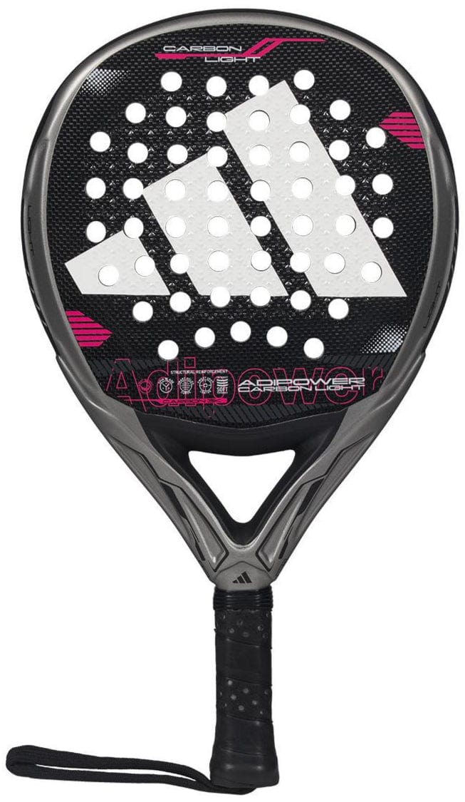 The adidas Adipower Carbon Light 3.4 Padel Racket is a lightweight black racket with a prominent white adidas logo, round holes, pink highlights, and a black handle with wrist strap for secure play.