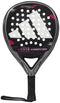 The adidas Adipower Carbon Light 3.4 Padel Racket is a lightweight black racket with a prominent white adidas logo, round holes, pink highlights, and a black handle with wrist strap for secure play.