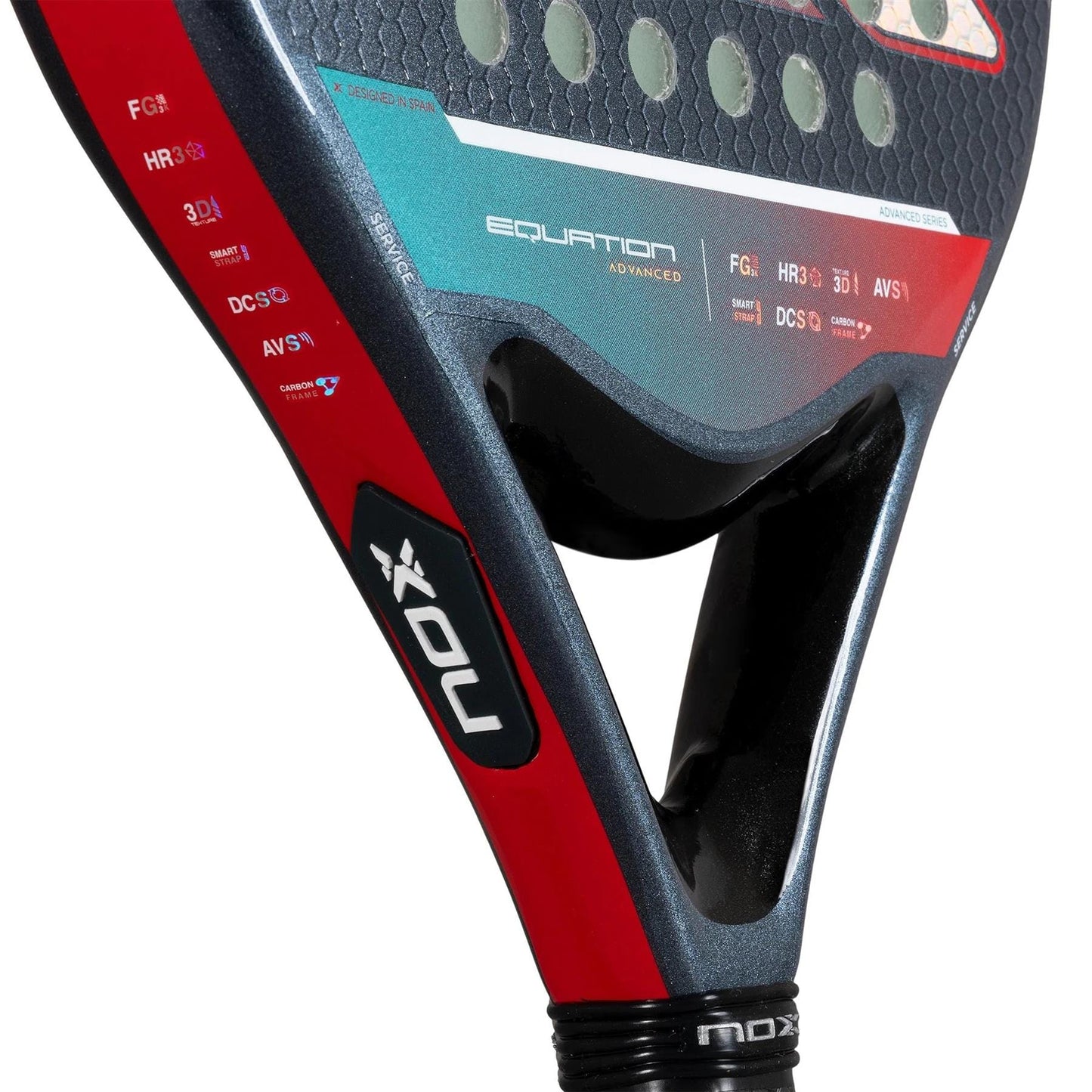 Close-up of the NOX Equation Light W Advance Series padel racket for intermediate players, featuring the NOX logo, model name, and technical details on its red and black handle, with a textured face and round perforations.