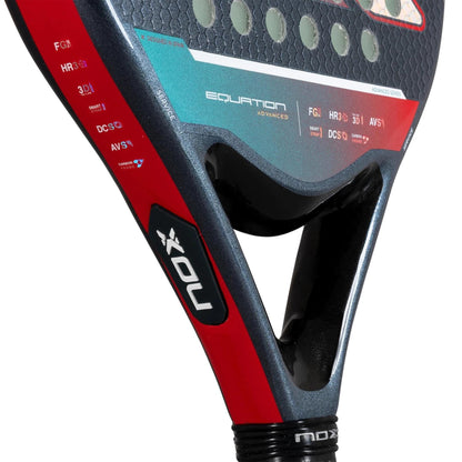 Close-up of the NOX Equation Light W Advance Series padel racket for intermediate players, featuring the NOX logo, model name, and technical details on its red and black handle, with a textured face and round perforations.