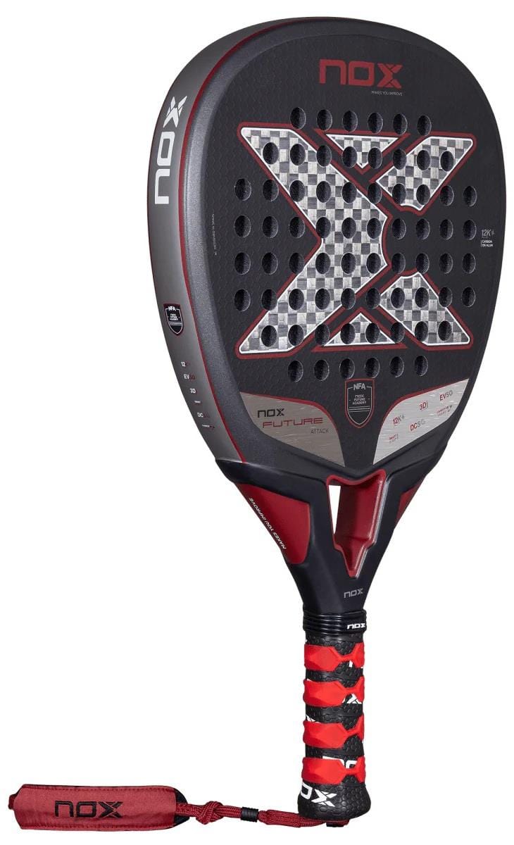 The NOX NFA Future Attack 12K Alum Padel Racket by NOX features a black, red, and silver design with a bold "X" pattern on the face for power and comes with a matching red wrist strap on the handle.