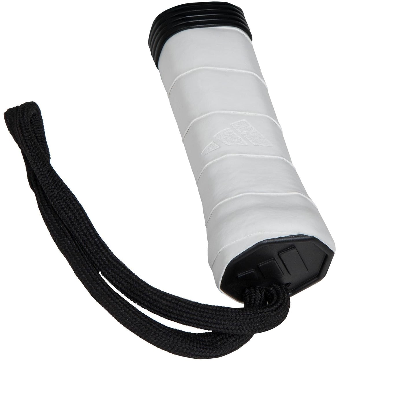 A white cylindrical handle with a black cap and wrist strap, likely for sports equipment like the lightweight adidas ADIDAS Drive Light 3.4 Padel Racket. Textured wrapping on the handle ensures enhanced grip, ideal for beginner padel players.
